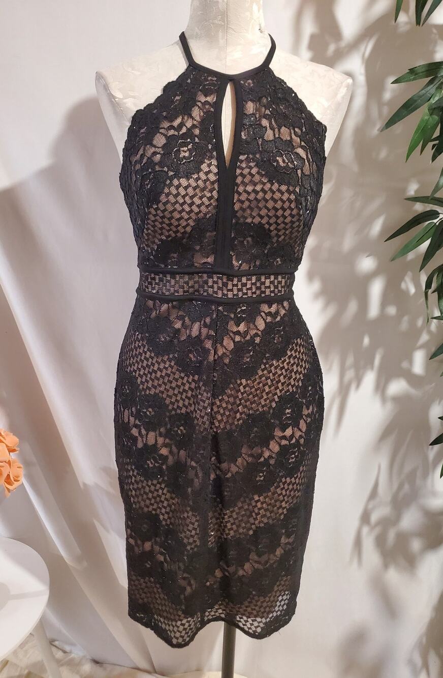 Vtg Morgan & Co Lace Sparkle Sheer Overlay Halter Bodycon Dress Size 7 Goth Vamp